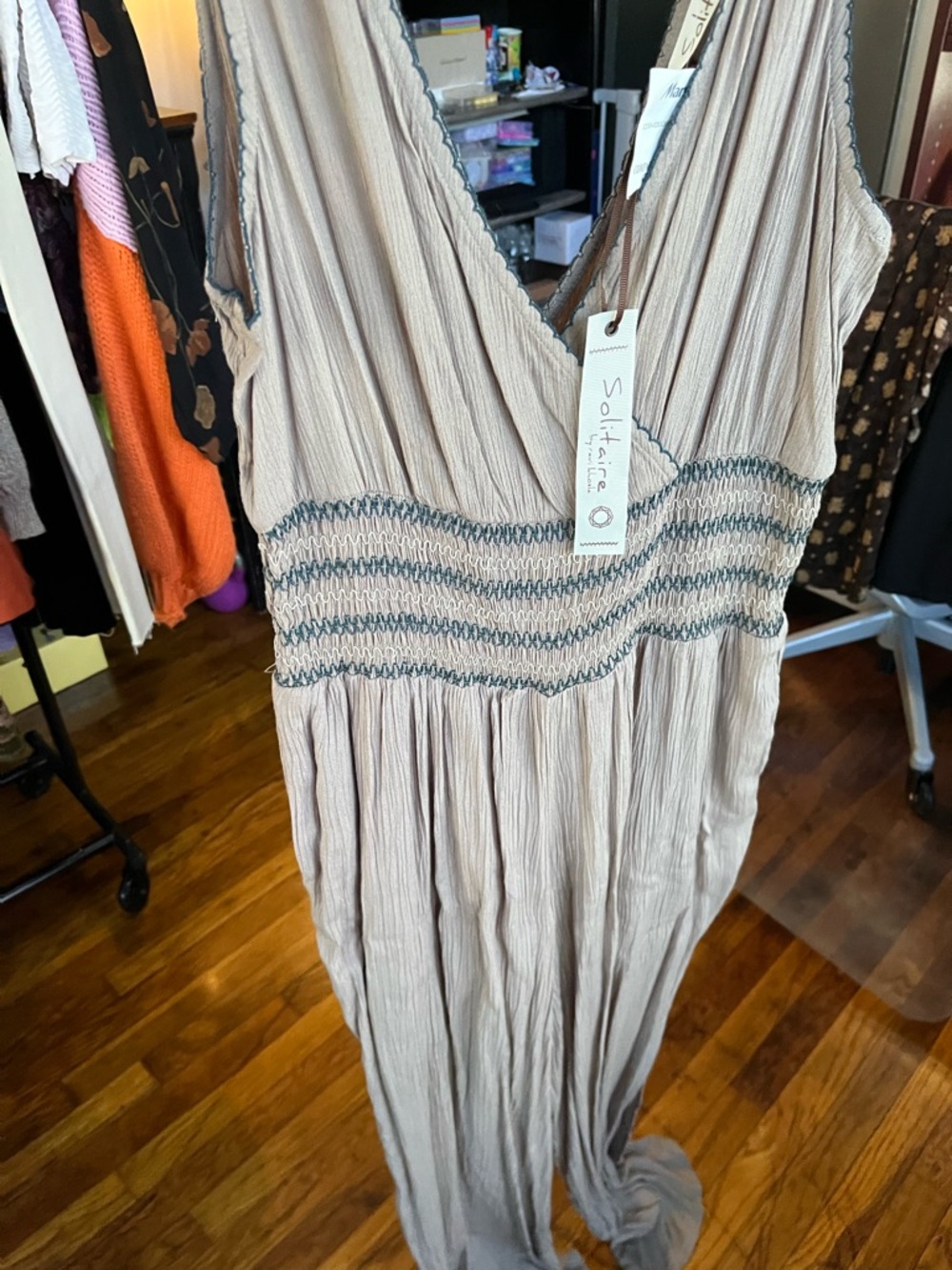 NWT Solitaire Medium Taupe & Teal Jumpsuit